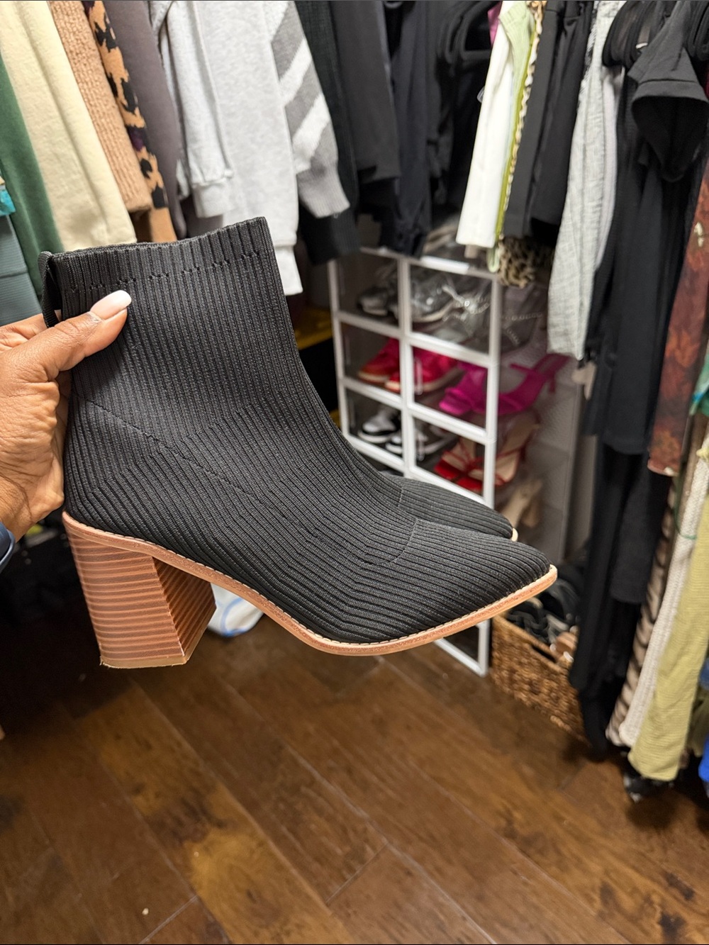 Black Knit Sock Ankle Boot with Stacked Block Heel